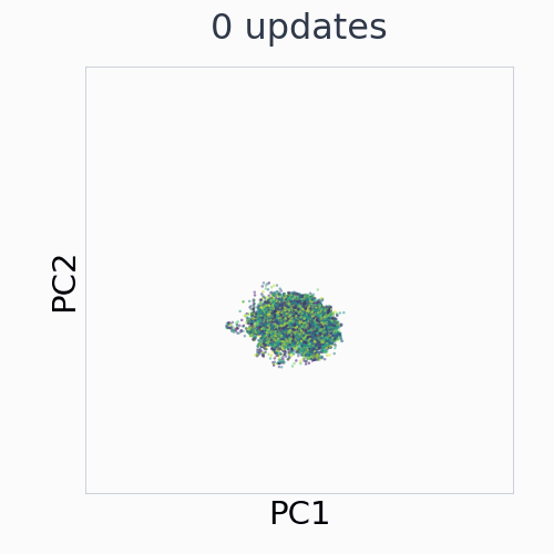AntMaze: EMA control representation across 29 saved training checkpoints, in fixed PCA coordinates.