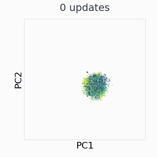 PushT: EMA control representation across 29 saved training checkpoints, in fixed PCA coordinates.
