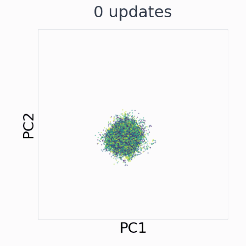 Scene: EMA control representation across 29 saved training checkpoints, in fixed PCA coordinates.